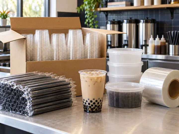 Bulk clear cups, wide straws and beverage supplies at a boba counter
