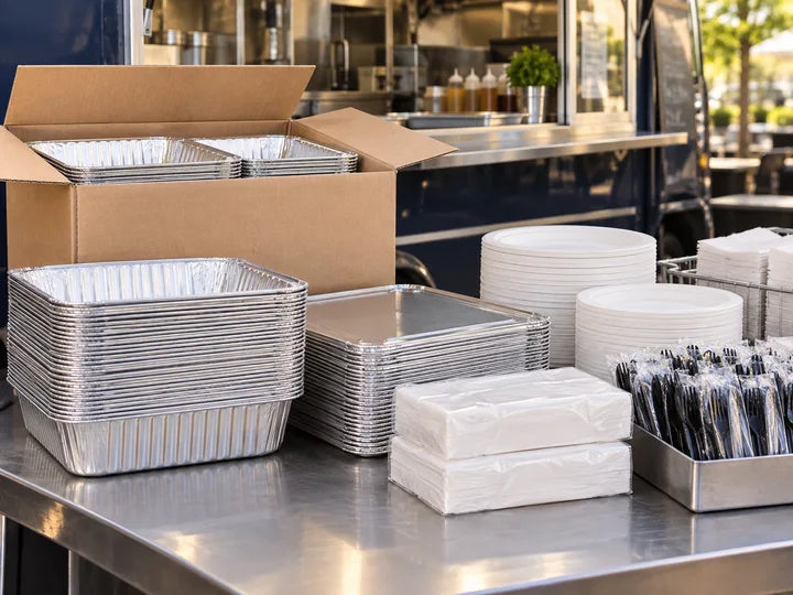 Case packs of catering trays, plates and cutlery at a food truck