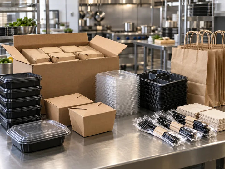 Case packs of takeout containers, bags and cutlery in a restaurant kitchen